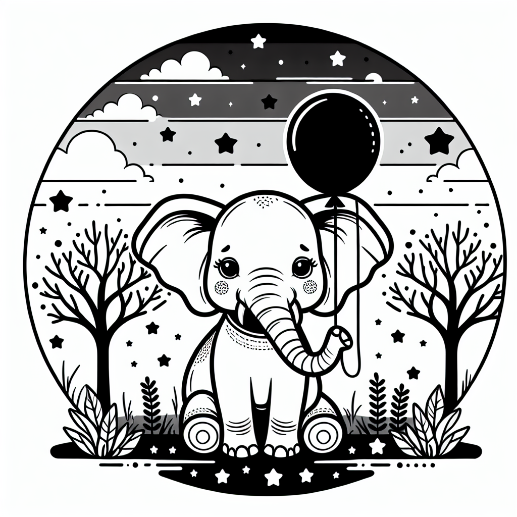 Majestätischer Elefant im Abendlicht - Elefant, Spielplatz, Herbstabend, Ausmalbild, Fantasievolle Szene