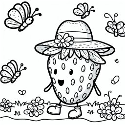 Verschmitzte Frucht – Erdbeere, Malvorlage, Schmetterlinge, Sommer, Kreativität.