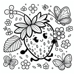Fröhlicher Beerenzauber – Tags: Ausmalspaß, Erdbeeren, Sommerfreude, Kinderkreativität, Comicbild.