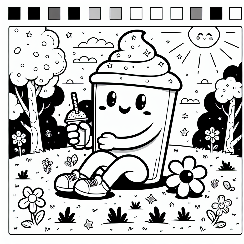 Fröhliches Essen im Park - Ausmalbild, Frühlingstag, Getränkezeit, Naturfreunde, Kreativität fördern