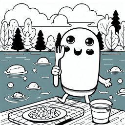 Essen hüpft fröhlich - Seeufer, Besteck, Herbstfarben, Balancieren, Ausmalen, Wolkenhimmel