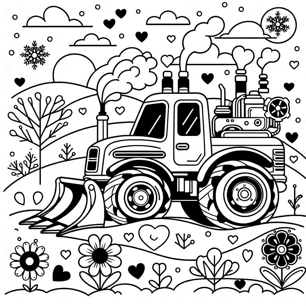 Flotter Fahrzeugspaß im Winter - Traktor, Winterlandschaft, Schneeflocken, Blumenwiese, Ausmalbild