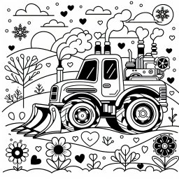 Flotter Fahrzeugspaß im Winter - Traktor, Winterlandschaft, Schneeflocken, Blumenwiese, Ausmalbild