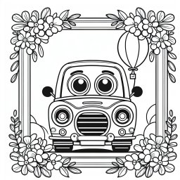 Fröhlicher Fahrspaß - Tags: Fahrzeug, Ausmalen, Ballon, Blumen, Cartoon-Stil