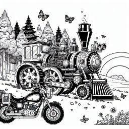 Fabelhaftes Fahrzeug-Abenteuer - Fahrzeuge & Maschinen, Ausmalbild Abenteuer, Lokomotive & Motorradfreunde