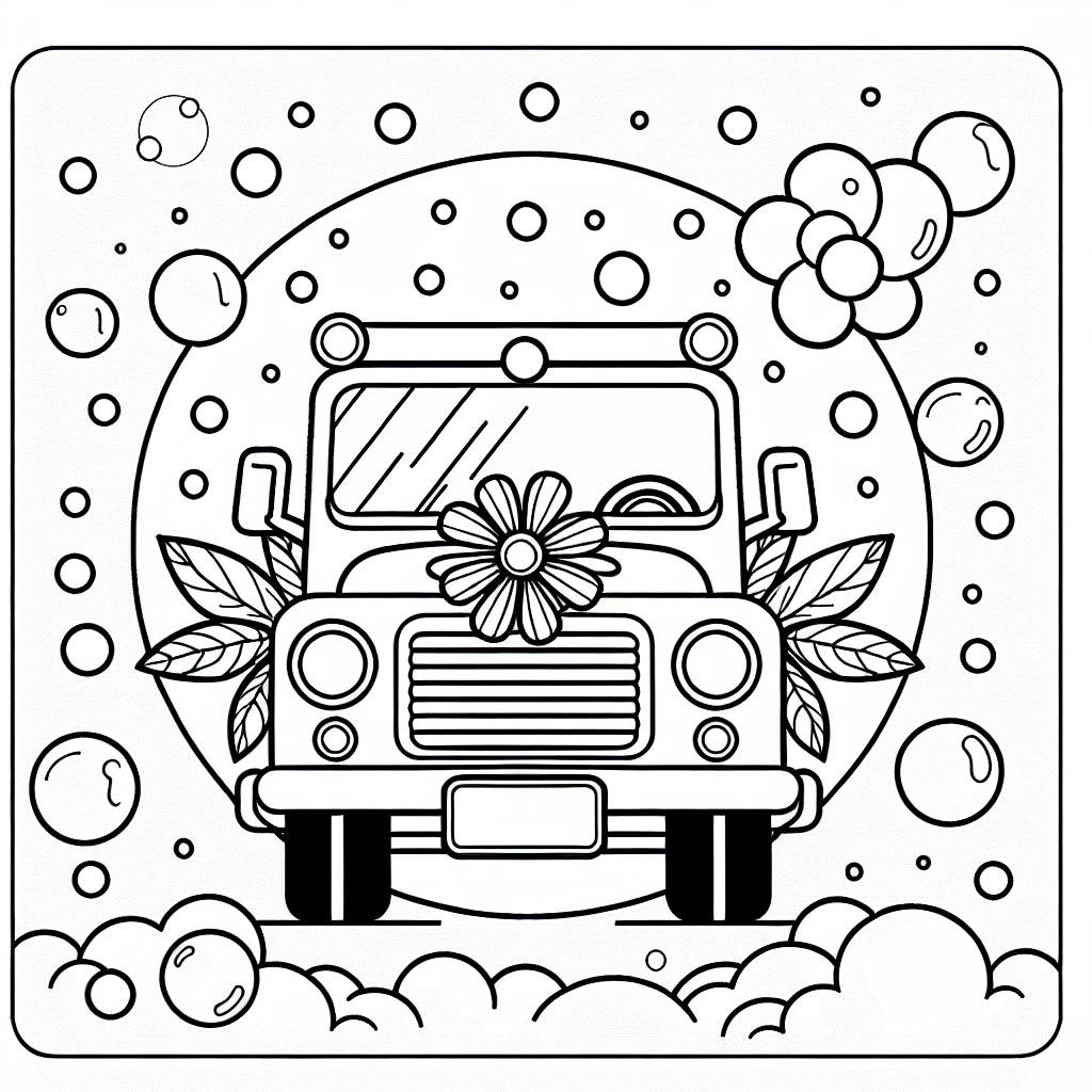 Fröhliches Blumengefährt - Tags: Fahrzeuge, Maschinen, Ausmalbild, Kreativität, Fahrspaß.