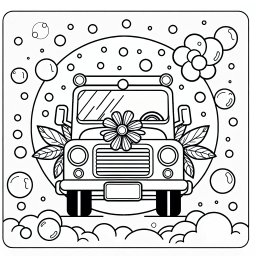 Fröhliches Blumengefährt - Tags: Fahrzeuge, Maschinen, Ausmalbild, Kreativität, Fahrspaß.