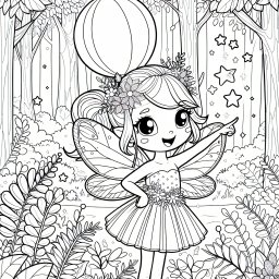 Zauberhafte Herbstfee - Fee, Flügel, Herbstwald, Ballon, Blumenkranz, Sterne, Ausmalbild