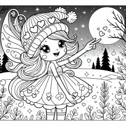 Fröhliche Fee auf Winterwiese - Fee, Ausmalbild, Mondnacht, Winterwald, Zauberwald