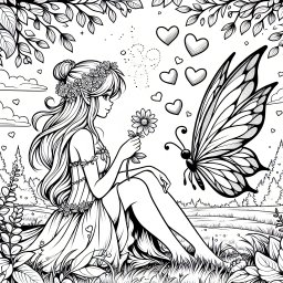 Mutige Morgenfee im Herbstlicht - Fee, Ausmalbild, Herbstwiese, Schmetterling, Blumenkranz, Morgenstimmung, Zauberwesen