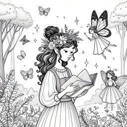 Fliegende Fee im Sommerwald - Fee, Wald, Flügel, Zauberstab, Blumenkranz, Schmetterlinge