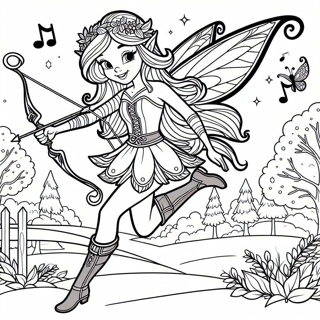 Fröhliche Fee im Frühlingspark - Fee, Flügel, Blumenkranz, Bogen und Pfeil, Musiknoten