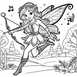 Fröhliche Fee im Frühlingspark - Fee, Flügel, Blumenkranz, Bogen und Pfeil, Musiknoten