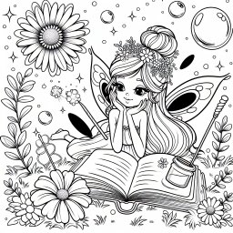 Fröhliche Fee im Blütenpark - Fee, Frühling, Buch, Flügel, Blumen, Zauberstab, Glitzer