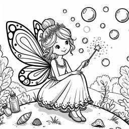 Fröhliche Fee im Farbenspiel - Fee, Zauberstab, Herbst, Seifenblasen, Blumenkranz, Flügel, Ausmalbild