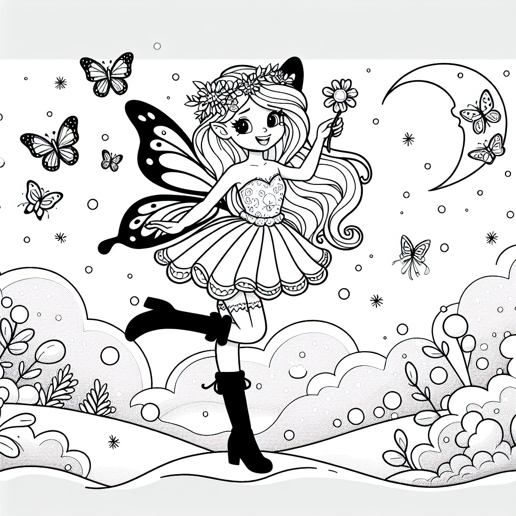 Tanzende Fee im Winterwunderland - Fee, Flügel, Blumenkranz, Schmetterlinge, Mondschein