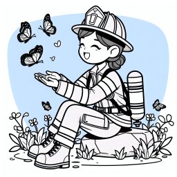 fröhliche Retterin – Tags: Feuerwehrfrau, Ausmalbild, Schmetterlinge, Kreativität, Kinderfreundlich.
