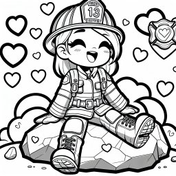 herzliche heldin – Tags: Feuerwehrfrau, Herzen, Ausmalbild, Cartoon-Stil, Kreativität.