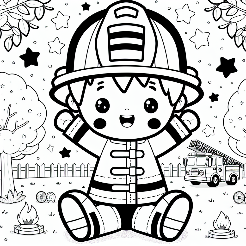 Fröhlicher Feuerwehrmann - Ausmalbild, Feuerwehrmann, Herbst, Park, Morgen