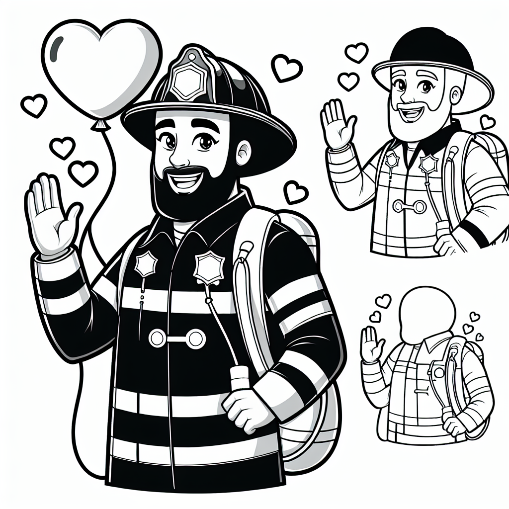 Herziger Löschmann - Tags: Feuerwehrmann, Ausmalbild, Kinder, Herzluftballon, Kreativität
