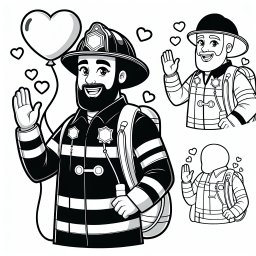 Herziger Löschmann - Tags: Feuerwehrmann, Ausmalbild, Kinder, Herzluftballon, Kreativität