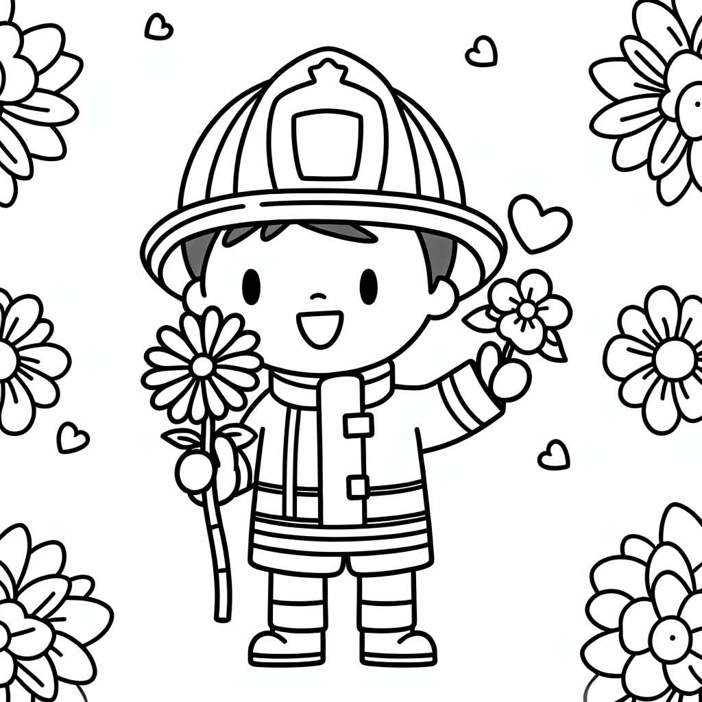 Hier kommt ein heldenhafter und fröhlicher Feuerwehrmann, der mit einem strahlenden Lächeln eine Blume in der Hand hält! Unser glücklicher Feuerwehrmann hat seinen Helm fest auf dem Kopf und ist bereit, sowohl Feuer zu löschen als auch Blumen zu verteilen. Mit seiner Uniform und all den Details bietet dieses Bild endlosen Spaß beim Ausmalen. 

Warum nicht die Feuerwehrausrüstung in leuchtendem Rot und Gelb ausmalen, um sie wie ein echter Feuerwehrwagen aussehen zu lassen? Die Blume könnte in bunten Farben erstrahlen - vielleicht Rosa, Violett oder ein strahlendes Blau? Lass deiner Kreativität freien Lauf! Während du die Blume und den Feuerwehrmann verschönerst, denk daran, wie wichtig es ist, einen Alarm auszulösen, wenn Hilfe benötigt wird. Vergiss nicht die wichtigen Feuerwehrbegriffe: der kühne Feuerwehrwagen, die lange Leiter, die beim Retten hilft, und der schützende Helm auf dem Kopf unseres Helden.

Mit klaren Linien und einem einfachen Design ist dieses Ausmalbild perfekt für kleine Künstler. Halte deine Buntstifte bereit und verwandle dieses Bild in ein farbenfrohes Abenteuer!