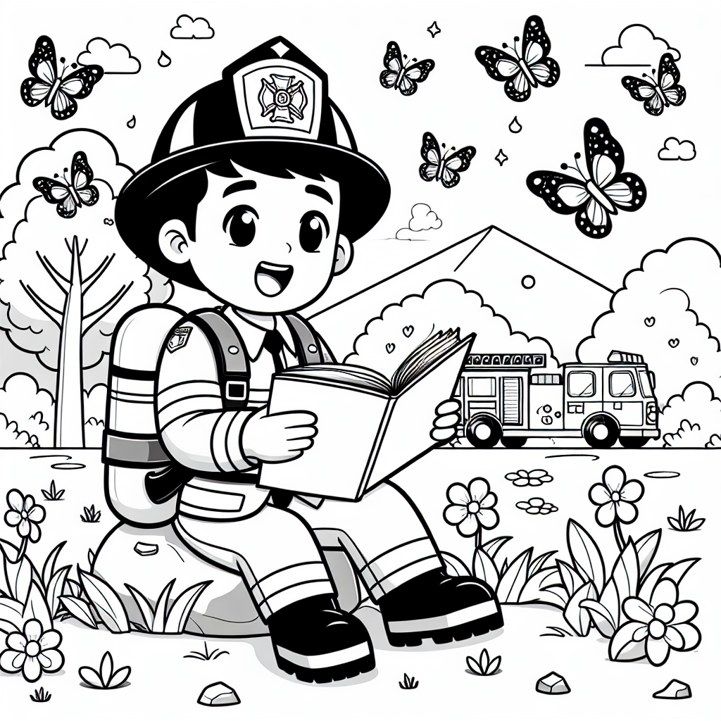 Lesender Feuerwehrmann - Feuerwehrmann, Park, Frühling, Buch lesen, Vogelgesang