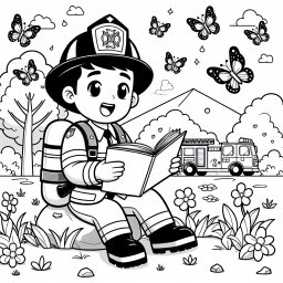 Lesender Feuerwehrmann - Feuerwehrmann, Park, Frühling, Buch lesen, Vogelgesang