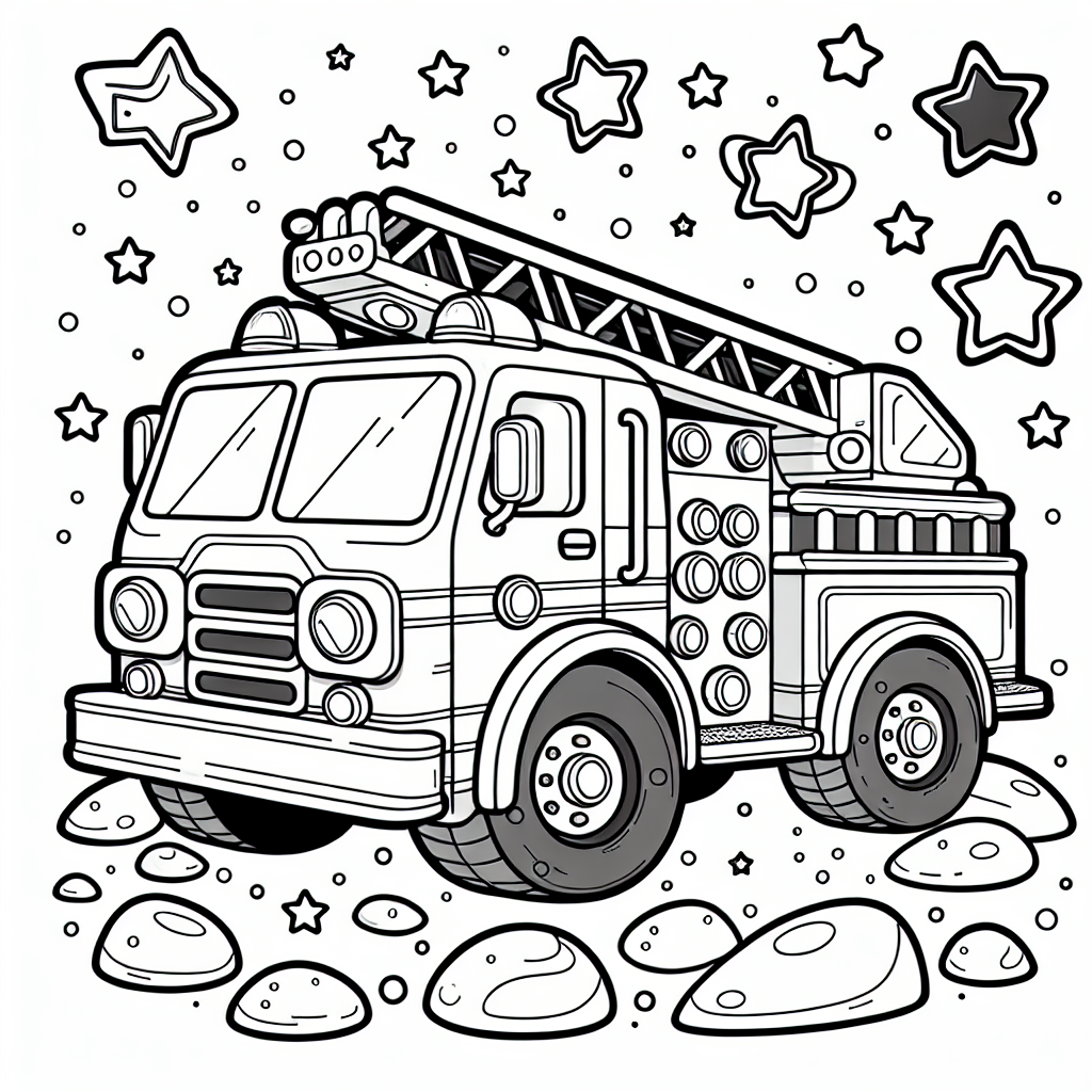 Um das Bild mit dem Feuerwehrauto besonders schön zu gestalten, beginne mit kräftigen Grundfarben. Wähle ein strahlendes Rot für das Feuerwehrauto, um seine dynamische Präsenz zu betonen. Ergänze mit einem glänzenden Blau für das Blaulicht und einen kräftigen Gelbton für die Sirene, damit diese Elemente besonders hervorstechen. Die Feuerwehrleiter kannst du in einem klassischen Grau oder Silber ausmalen, um den metallischen Glanz zu simulieren.
Für den Hintergrund und die Umgebung gibt es viele kreative Möglichkeiten: Male den Felsen in erdigen Brauntönen, während du die kleinen Sterne in einem leuchtenden Gelb kolorierst, um sie wie funkelnde Himmelskörper erscheinen zu lassen. Der Schlauch kann durch Schattierungen in einer Mischung aus Blau und Grau interessant gestaltet werden. Ein leuchtend roter Hydrant kann das Bild abrunden und dem Ganzen noch mehr Tiefe verleihen.
Nutze Glitzerstifte für die Sterne, um ihnen einen besonderen Glanz zu verleihen, und füge mit Pastellkreiden sanfte Schattierungen hinzu, um dem Bild mehr Dimension zu geben. Lass deiner Kreativität freien Lauf und erschaffe eine lebendige Szenerie, die Abenteuer und Spaß ausstrahlt.