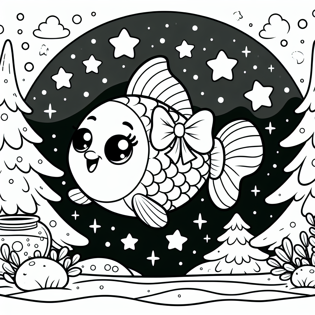 Fröhlicher Fischfreund - Fisch, Unterwasserwelt, Ausmalbild, Schleife, Tannenbaum