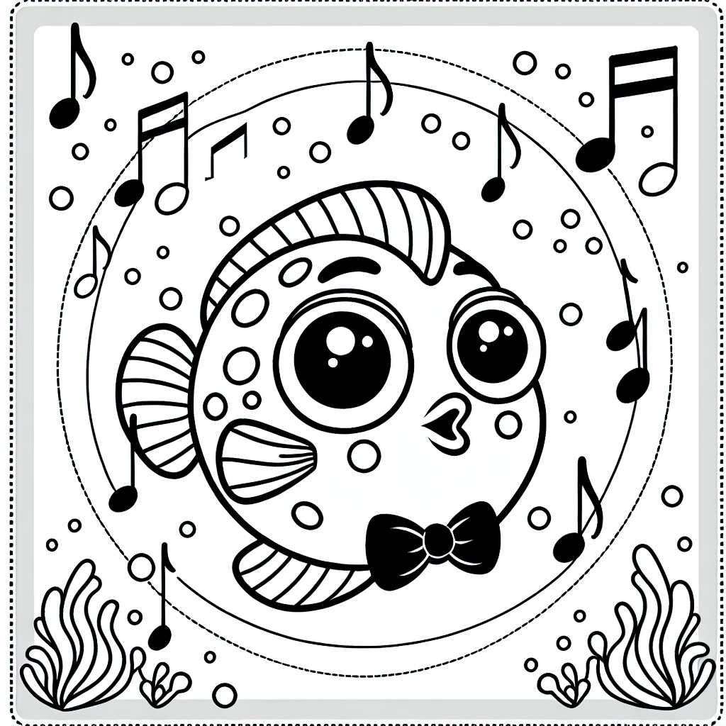 Neugieriger Notenfisch - Tags: Ausmalbild, Fisch, Kreativität, Aquarium, Musik