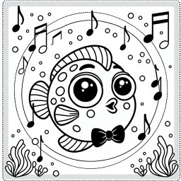 Neugieriger Notenfisch - Tags: Ausmalbild, Fisch, Kreativität, Aquarium, Musik