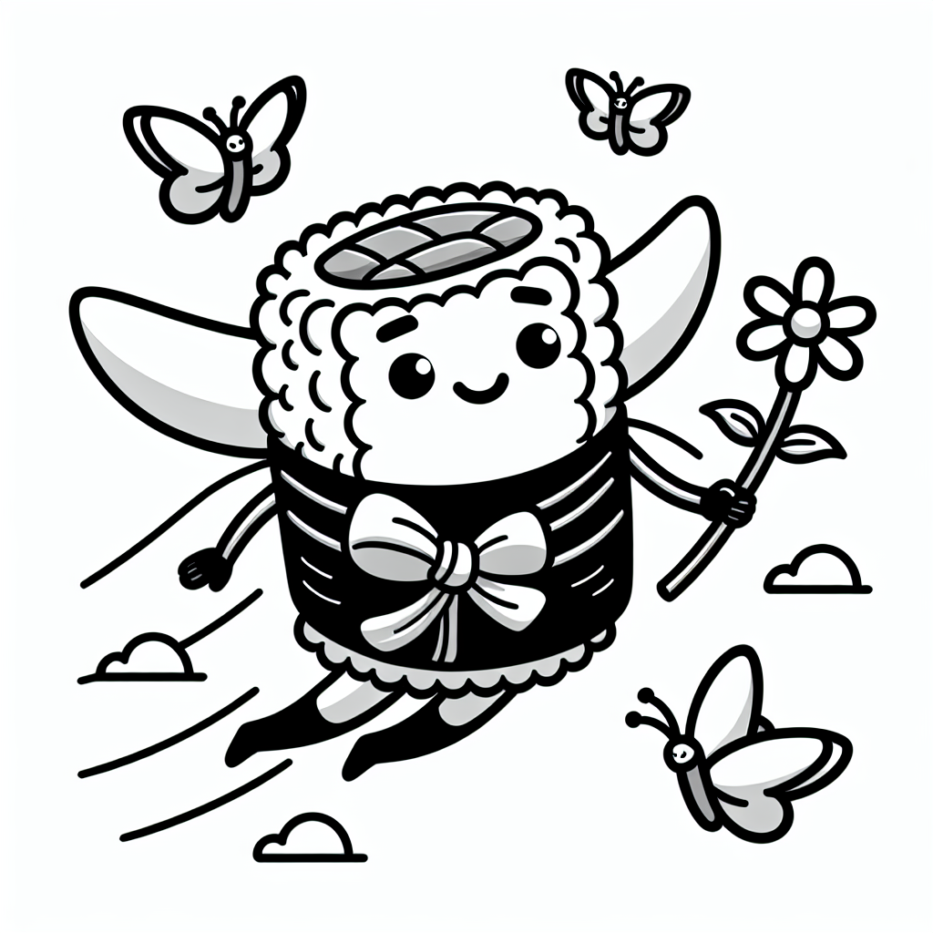 Willkommen in der Welt des fliegenden Sushis! Auf diesem Ausmalbild siehst du ein ganz besonderes Abenteuer - ein kleines Stück Sushi, das fröhlich durch die Luft schwebt. Aber Sushi, das fliegt? Ja, in unserer Fantasie kann alles möglich sein! Während es durch die Lüfte gleitet, hält das Sushi eine hübsche Blume. Vielleicht möchte es sie als Geschenk an einen Freund überreichen oder einfach die bunten Farben bewundern.
Um das fliegende Sushi herum flattern Schmetterlinge. Diese wunderschönen Insekten sind bekannt für ihre leuchtenden Farben und zarten Flügel. Wusstest du, dass Schmetterlinge ihre Farben nutzen, um sich zu tarnen oder miteinander zu kommunizieren?
Die klaren schwarzen Linien des Bildes machen es dir leicht, dein Kunstwerk auszumalen. Du kannst die Farben wählen, die dir am besten gefallen. Stell dir vor, das Sushi hat den Himmel mit seinen Farben bemalt und die Schmetterlinge tanzen fröhlich darum herum.
Versuche, deiner Kreativität freien Lauf zu lassen und die große Formen mit bunten Farben zum Leben zu erwecken. Viel Spaß beim Ausmalen!