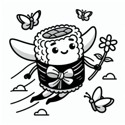 Verträumtes Sushiwunder – Tags: #FliegendesSushi #KinderAusmalbild #Schmetterlinge #Kreativität #Fantasie