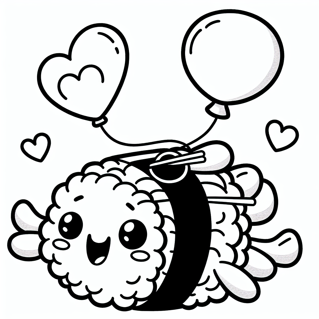 Willkommen in der magischen Welt des fliegenden Sushis! Stell dir vor, ein fröhliches Sushi-Stück mit einem breiten Lächeln und bunten Flügeln schwebt durch die Lüfte. Doch das ist noch nicht alles - es hält einen Herzluftballon in der Hand! Mit mutigen schwarzen Linien wird dieses Bild zu einem echten Hingucker, das nur darauf wartet, von deinen Lieblingsfarben zum Leben erweckt zu werden. Die Leute sagen, dass dieses fliegende Sushi bei jedem Flug einen besonderen Wunsch erfüllt. Kannst du erraten, was es diesmal für dich vorbereitet hat?

Hier kommt ein kleines Rätsel: Es ist rund, lecker und hat viele Freunde im Meer. Was könnte das sein? Wenn du die Antwort kennst, dann weißt du, was unser fliegendes Sushi am liebsten verspeist, während es die Welt von oben betrachtet!

Dieses einfache und niedliche Design ist perfekt zum Ausdrucken und Losmalen. Schnapp dir deine Buntstifte und lass deiner Kreativität freien Lauf. Wer weiß, vielleicht erfährt das fliegende Sushi durch deine Farben seine nächste große Abenteuerreise!