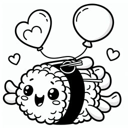 Schwebendes Sushiglück – Tags: Fliegendes Sushi, Herzluftballon, Ausmalspaß, Kreativität, Kinderzeichnung.