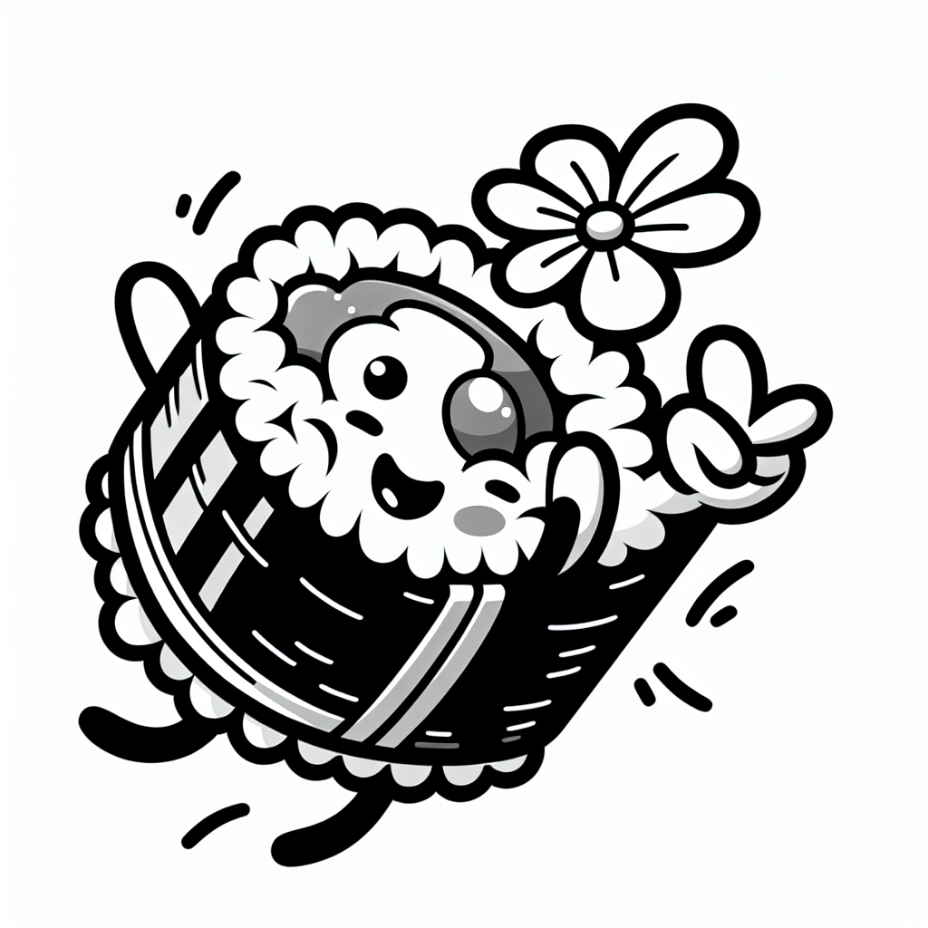 Fröhlicher Reisflieger - Tags: Fliegendes Sushi, Ausmalbild, Kinder, Kreativität, Fantasie