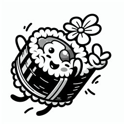 Fröhlicher Reisflieger - Tags: Fliegendes Sushi, Ausmalbild, Kinder, Kreativität, Fantasie