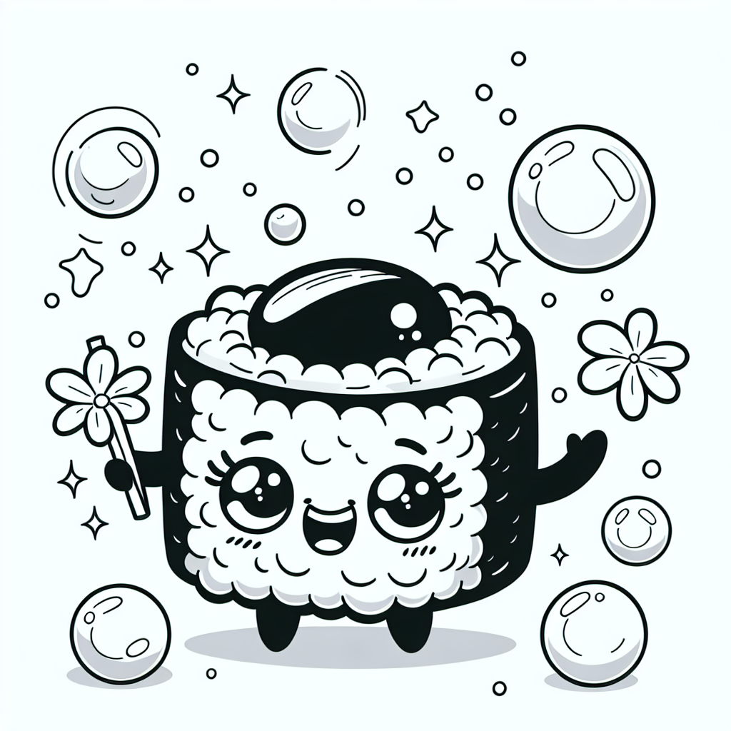 lachendes Sushi-Glück - Tags: #FliegendesSushi #KreativeAusmalbilder #Fantasie #KinderKunst #CartoonMagie