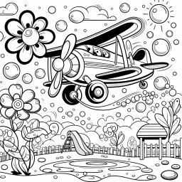 Fliegendes Spaßflugzeug im Abenteuer - Flugzeug, Spielplatz, Winter, Nachmittag, Blumenwiese, Seifenblasen