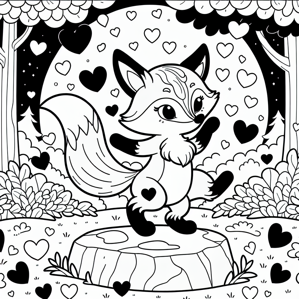 Tänzelnder Fuchs am Waldesrand - Fuchs tanzt, Ausmalbild Fuchs, Herzmotive Waldszene, kindgerechte Malvorlage
