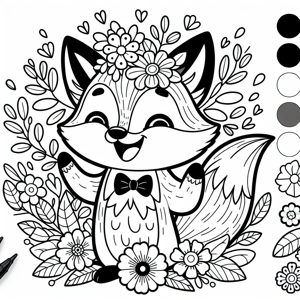 Fröhlicher Schleifenfuchs - Tags: Fuchs, Fantasie, Malbuch, Blumen, Kreativität