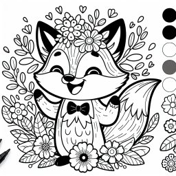Fröhlicher Schleifenfuchs - Tags: Fuchs, Fantasie, Malbuch, Blumen, Kreativität