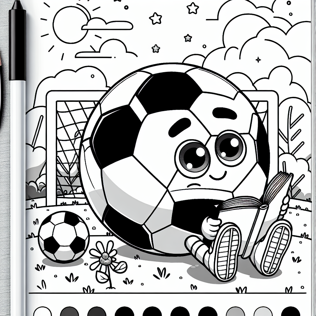 Neugieriger Fußballabenteurer - Fußball lesen, Herbstmorgen, Ausmalbild Kinder, Buch genießen, Tor im Hintergrund