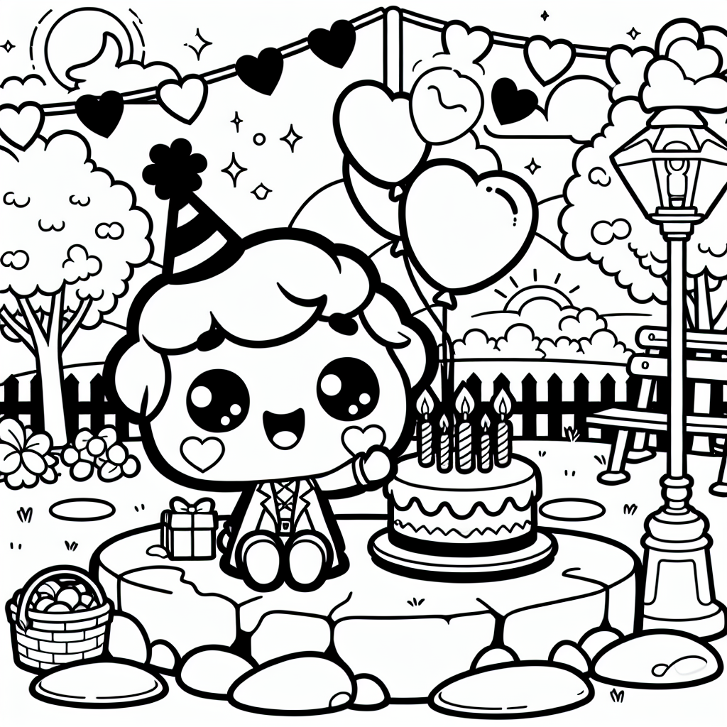 Fröhlicher Geburtstag im Sommer - Geburtstagstorte, Luftballons, Partyhut, Geschenk, Abenddämmerung