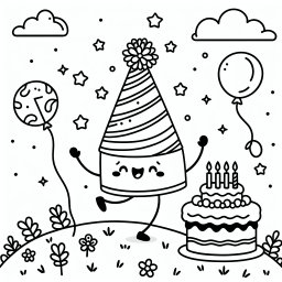 Geburtstagsfreude auf der Wiese - Geburtstagstorte, tanzender Kuchen, Luftballons, Frühlingswiese, Himmelssterne