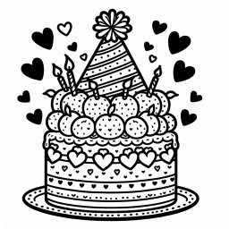 Sanftes Geburtstagsherz – Tags: Geburtstag, Ausmalbild, Kinder, Herzchen-Hut, Cartoon-Stil