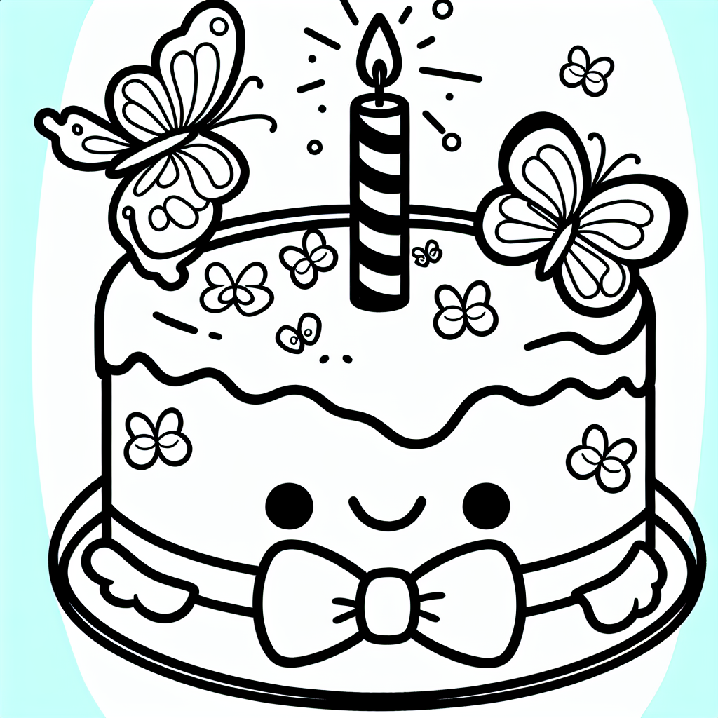 Fröhliche Torte - Tags: Geburtstag, Torte, Schmetterlinge, Ausmalbild, Partyspaß