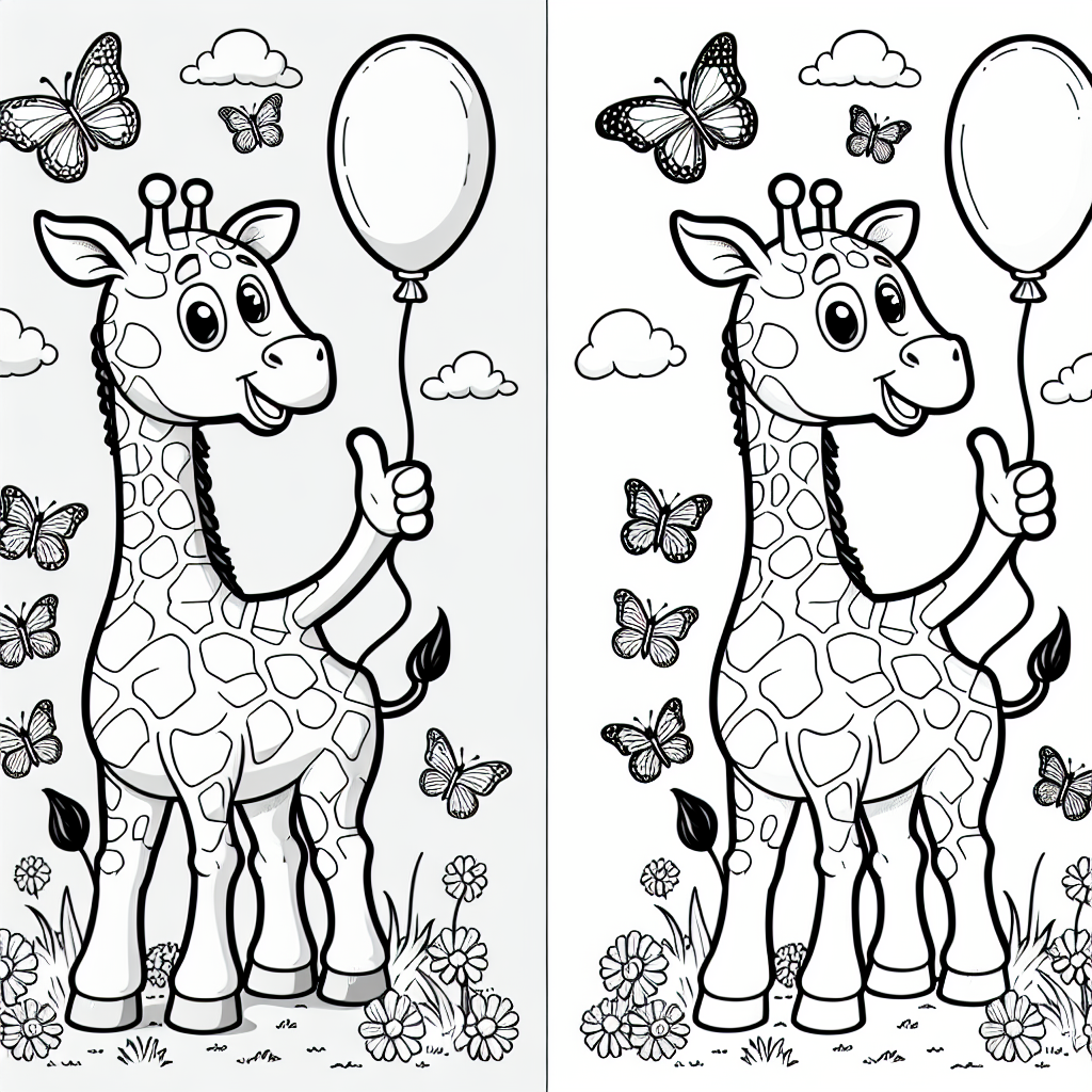 Fröhlichballon - Tags: Giraffe, Luftballon, Schmetterlinge, Savanne, Ausmalbild