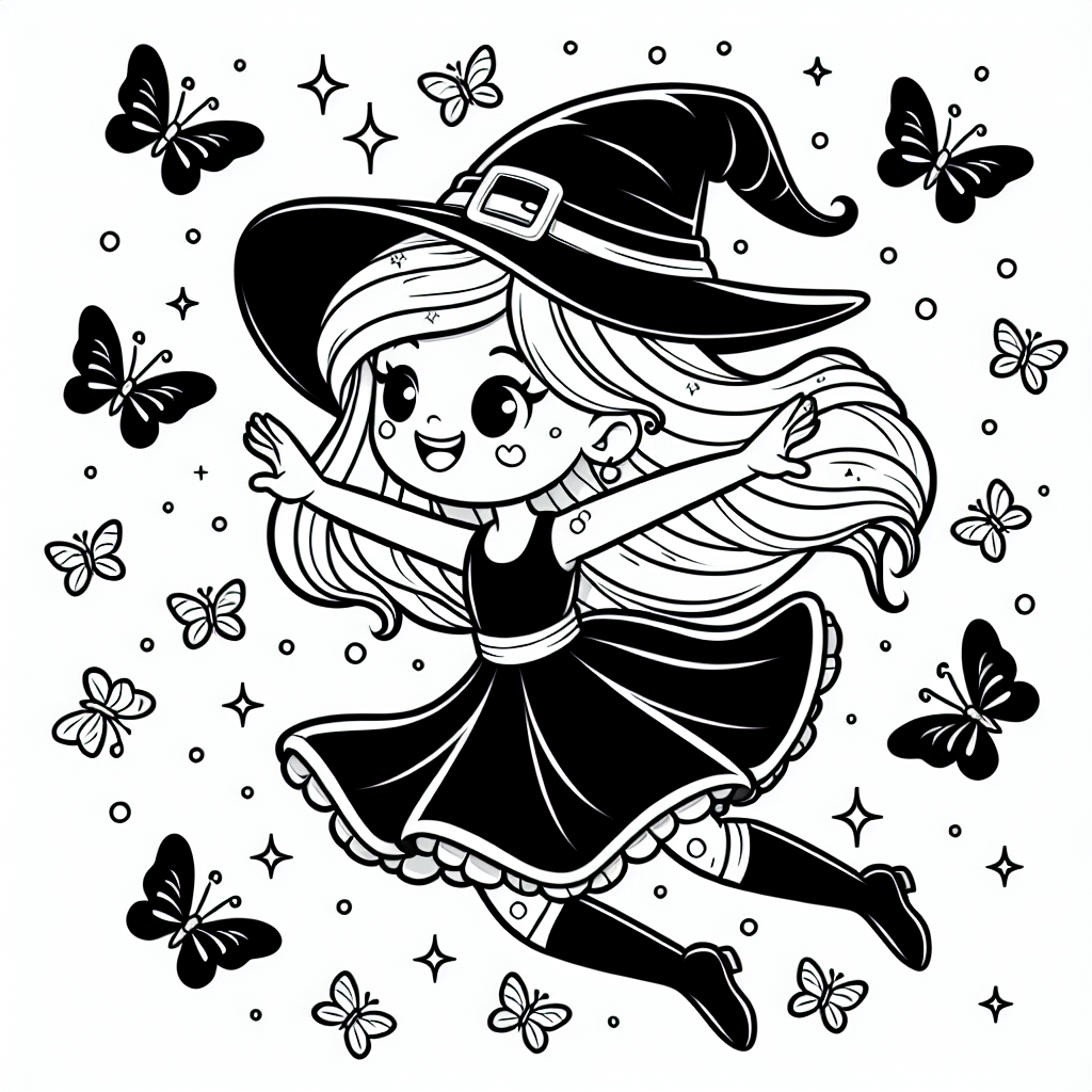 Fröhliche Hexerei - Hexe, Halloween, Ausmalbild, Schmetterlinge, Kreativität